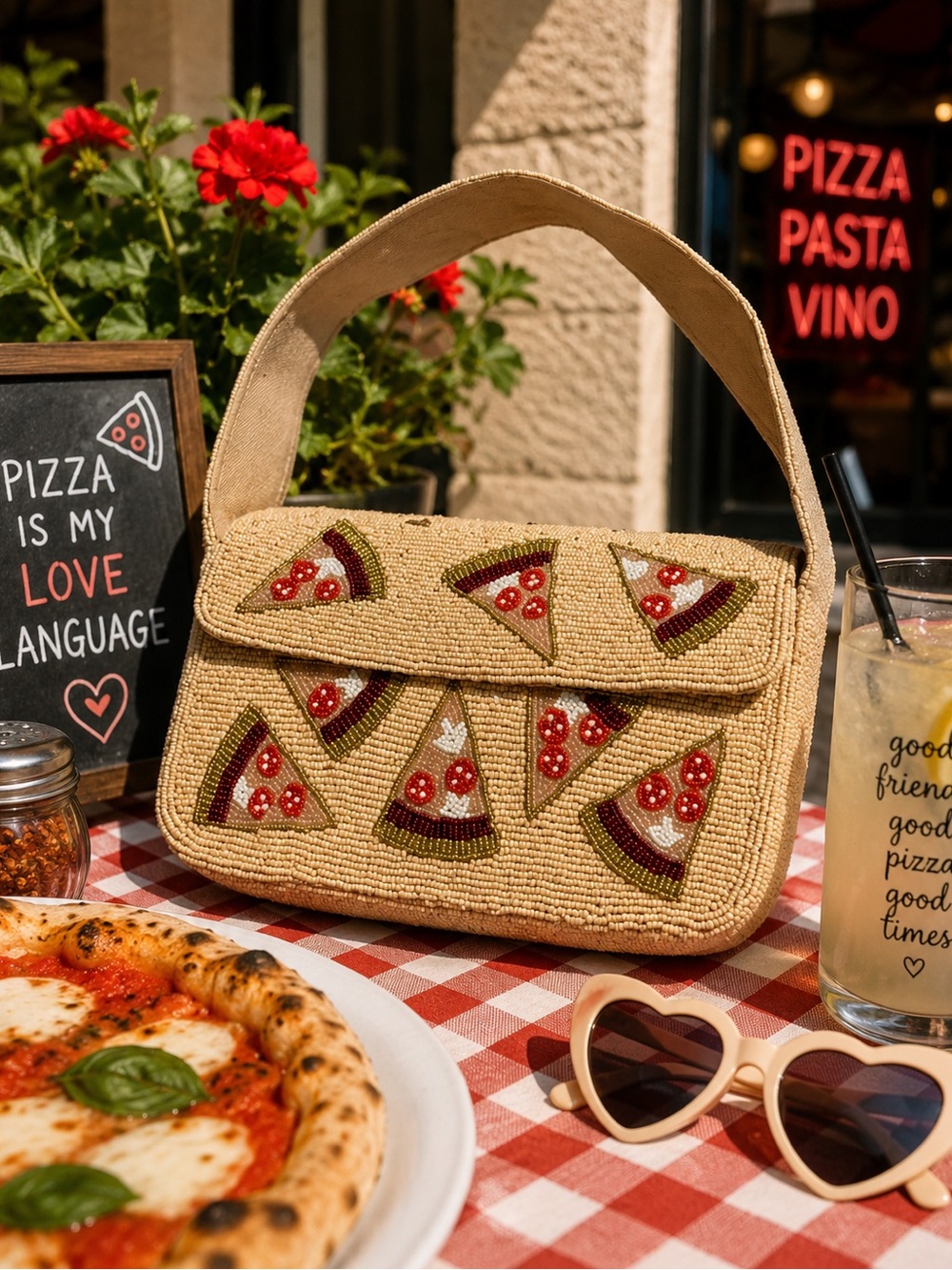 Beaded Pizza Print Shoulder Bag NWT Foodie Date Night Fun Novelty Italian